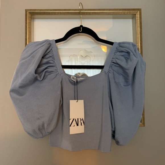ASO Emily In Paris, Baby Blue Off-The-Shoulder Zara Ruffle Top, size Small - Picture 2 of 11
